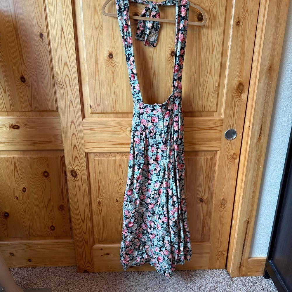 Vintage 90s Karen Kane Halter Jumpsuit S Floral Roses Wide Leg Cottagecore